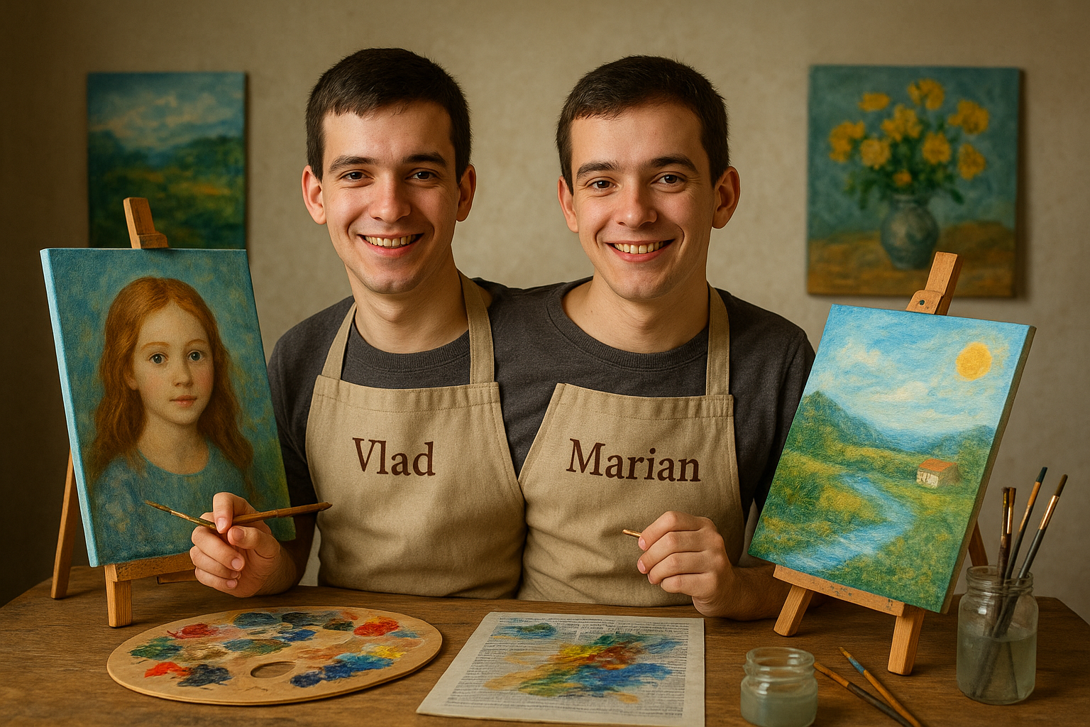 Vlad și Marian cu tablourile lor